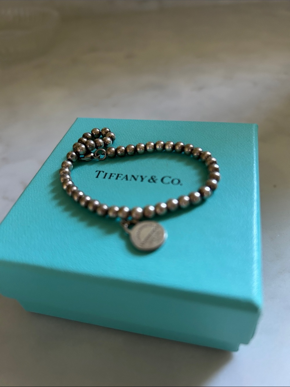 Tiffany & Co. Sterling Silver Bead Bracelet with Heart Tag - Blue
